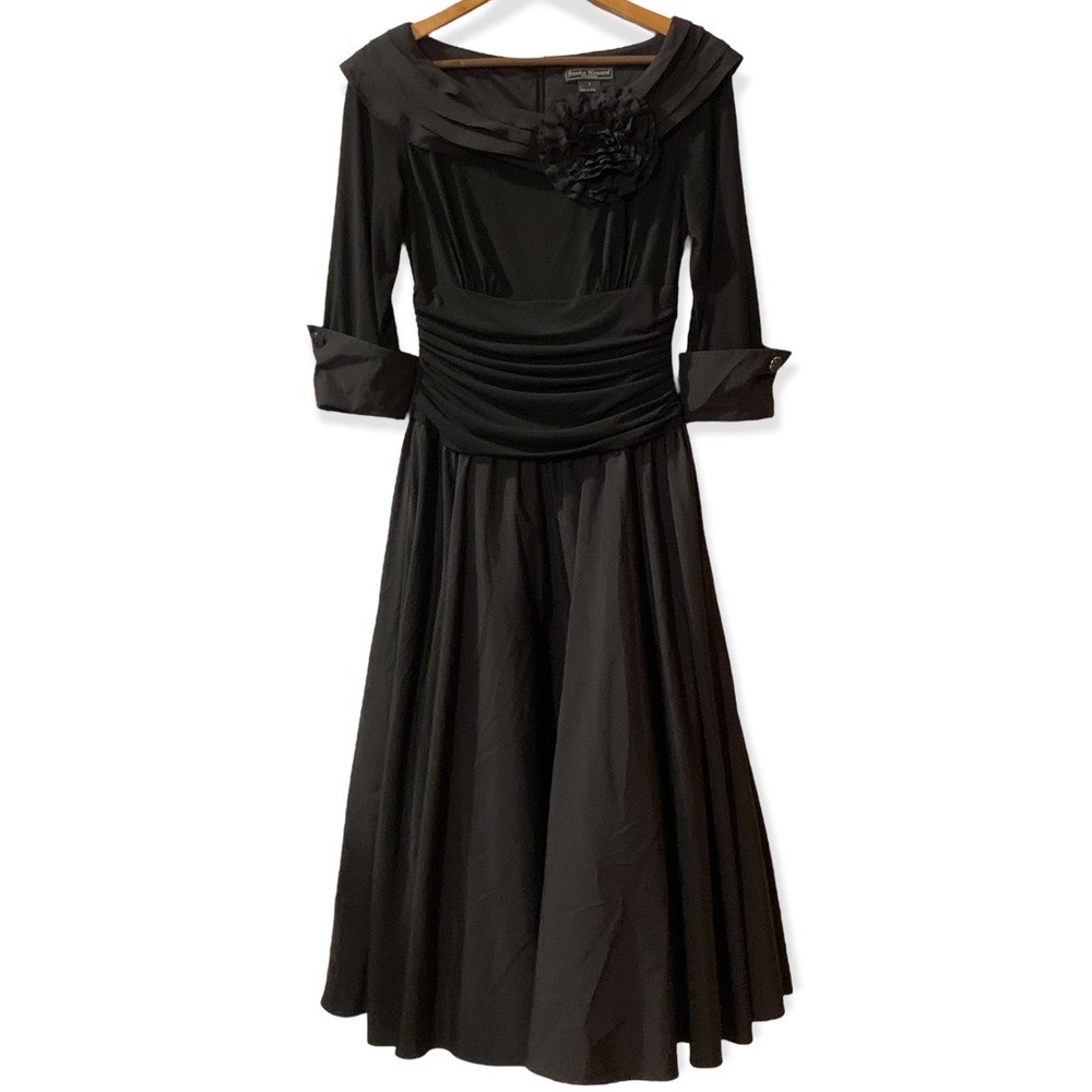 Retro Sz 6 Jessica Howard black Swing Dress rhinestone cuffs petticoat 50s 60s